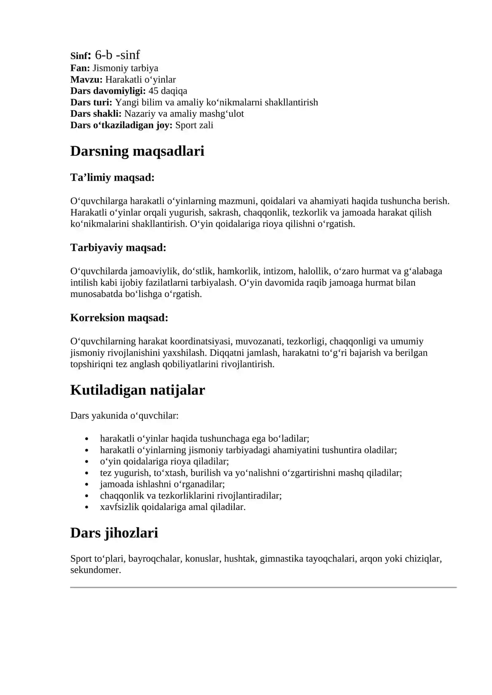 dars ishlanma harakatli o'yinlar 2
