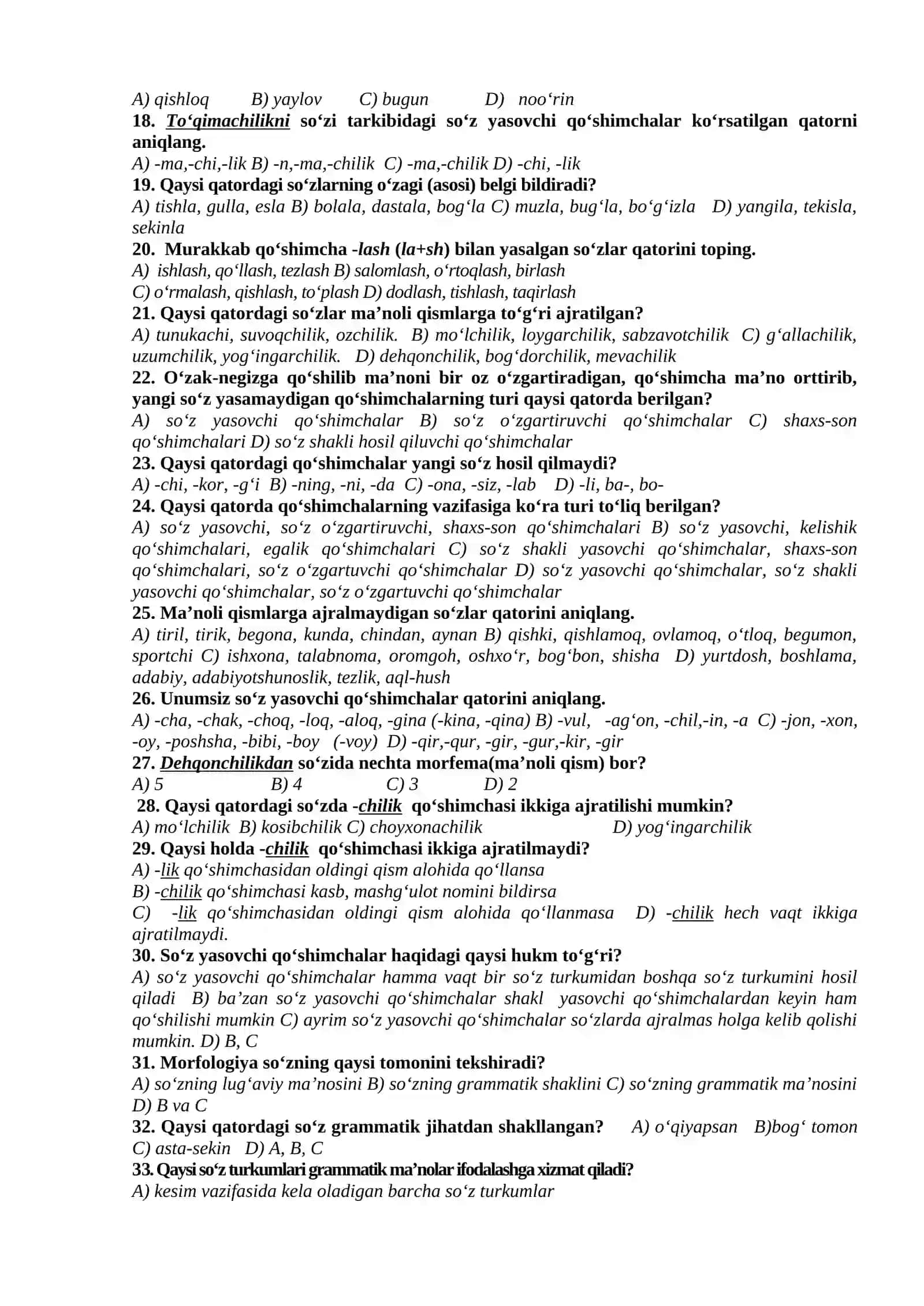O'zbek tili grammatikasi testlari 2