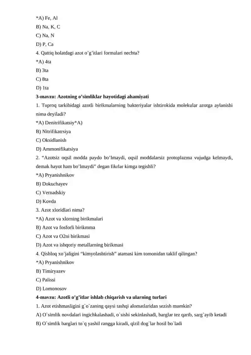 O’simliklar oziqlanishi va o’g’it fanidan test 2