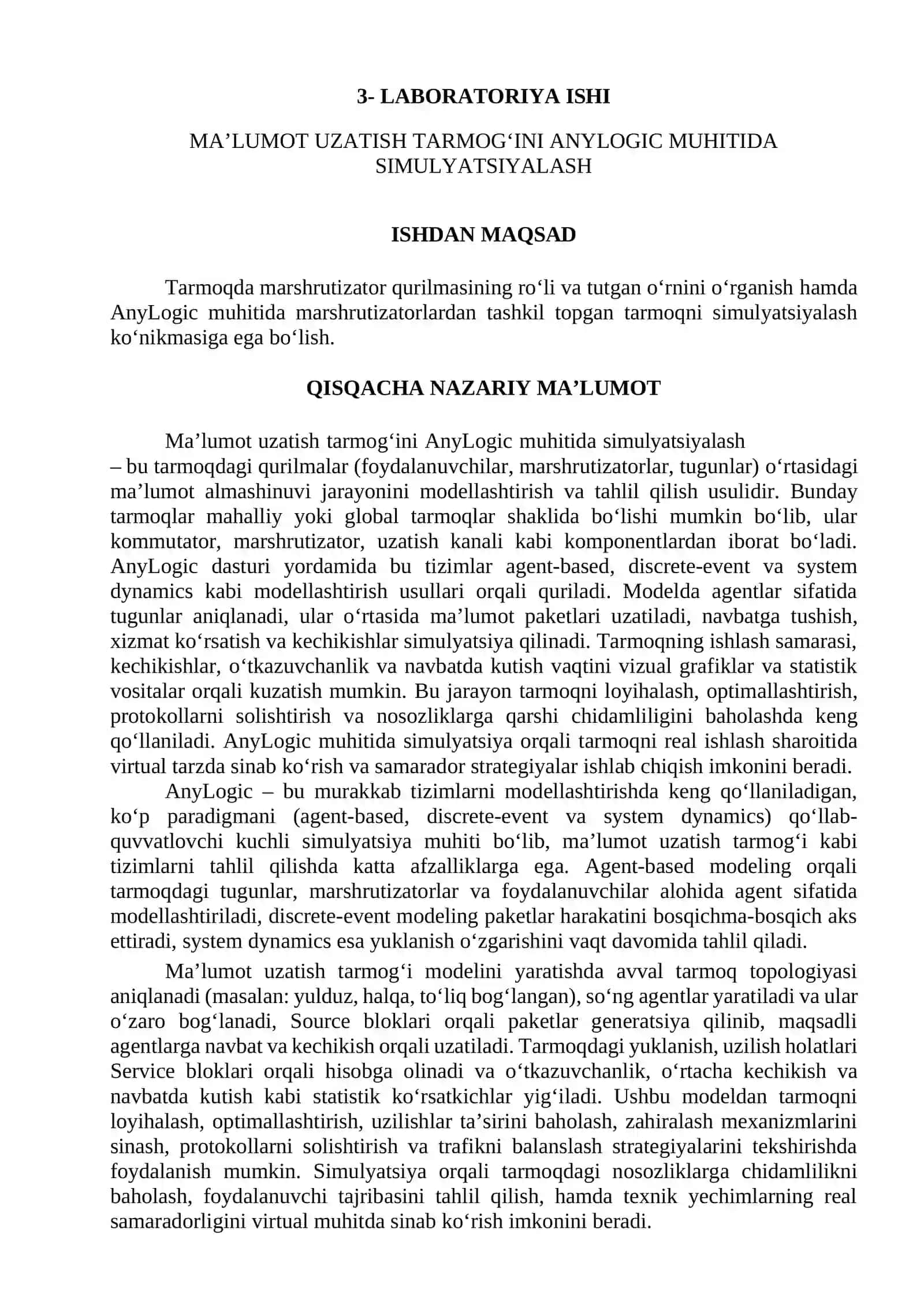 TARMOQLARNI MODELLASHTIRISH VA SIMULYATSIYALASH FANIDAN 3 - AMALIYOTI 2