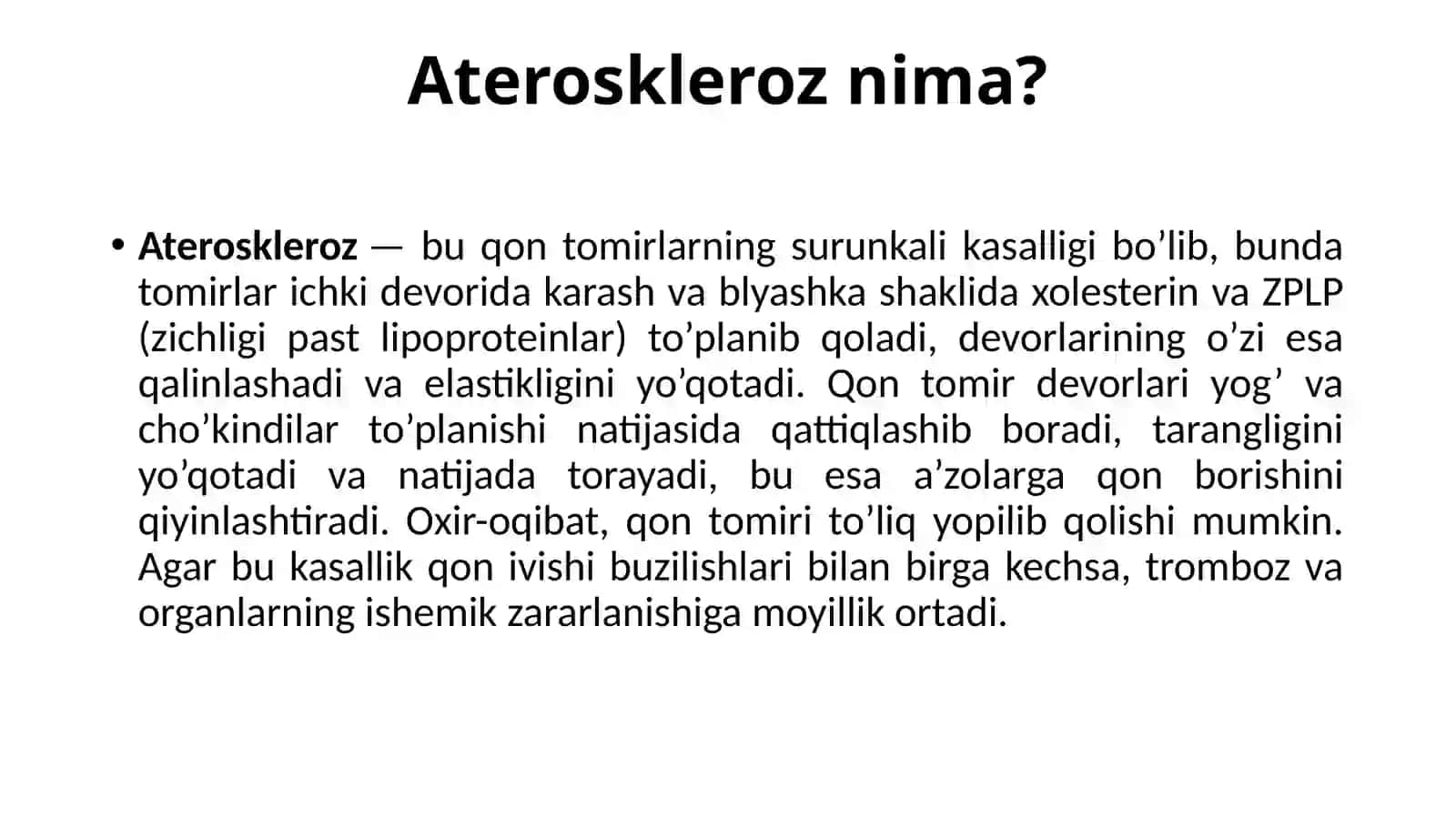 Ateroskleroz: sabablari, alomatlari, tashxislash, davolash va oldini olish 2