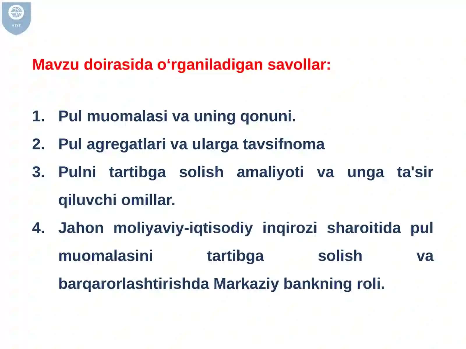 Pul muomalasini tashkil qilish va pul massasi 2