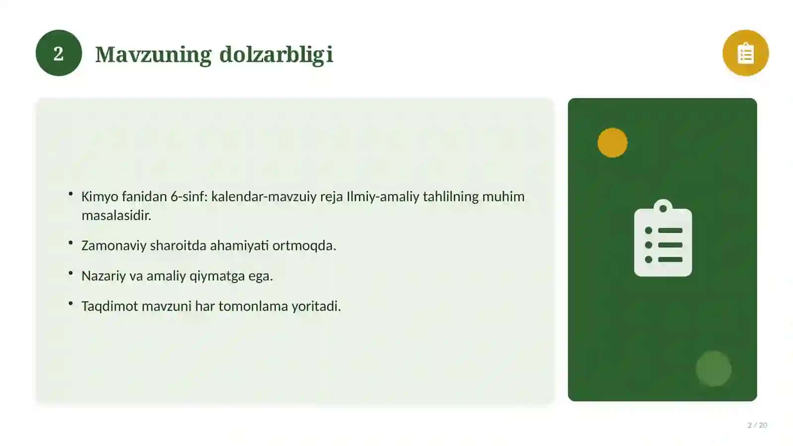 Kimyo fanidan 6-sinf: kalendar-mavzuiy reja 2