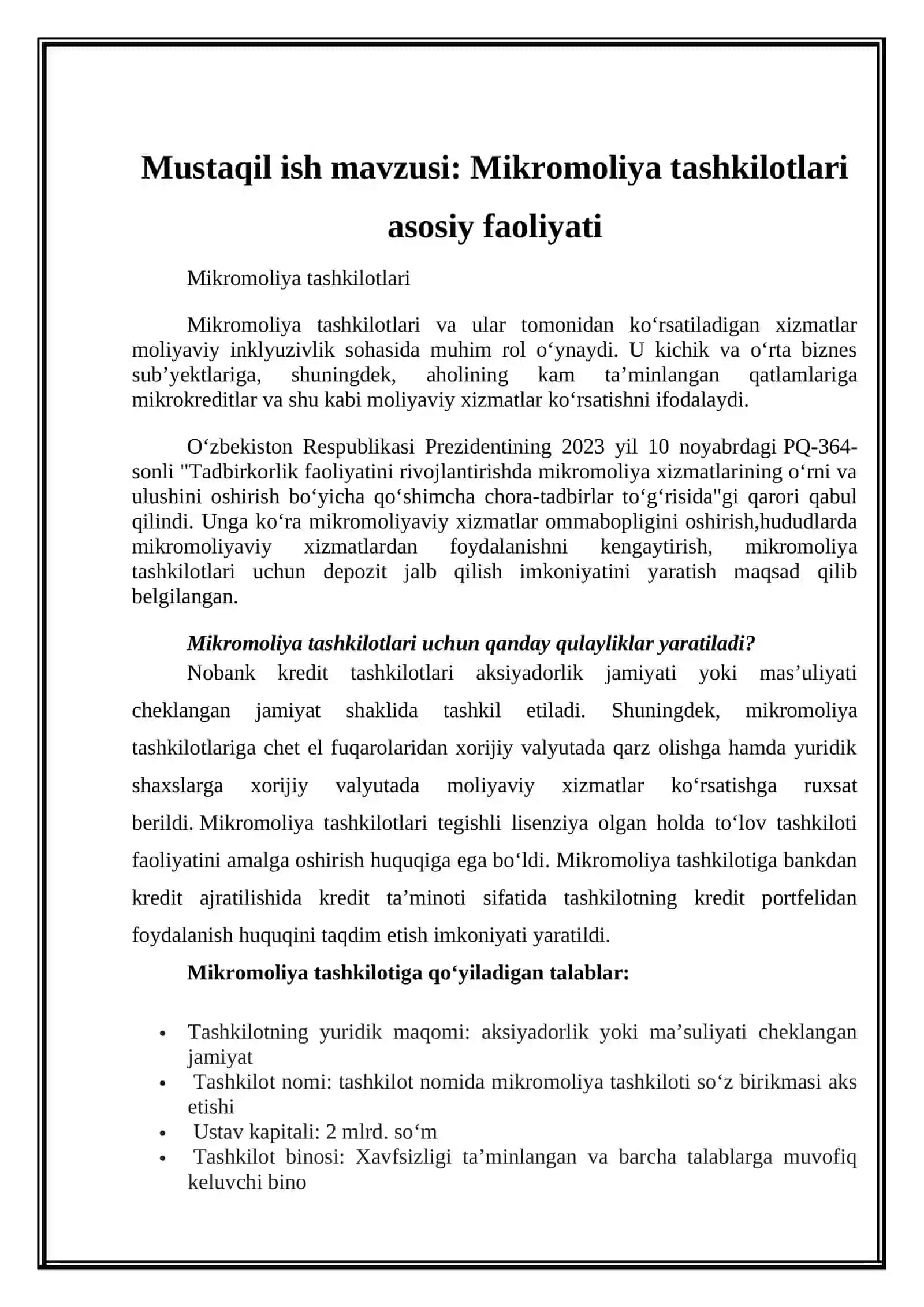 Mikromoliya tashkilotlari asosiy faoliyati 2