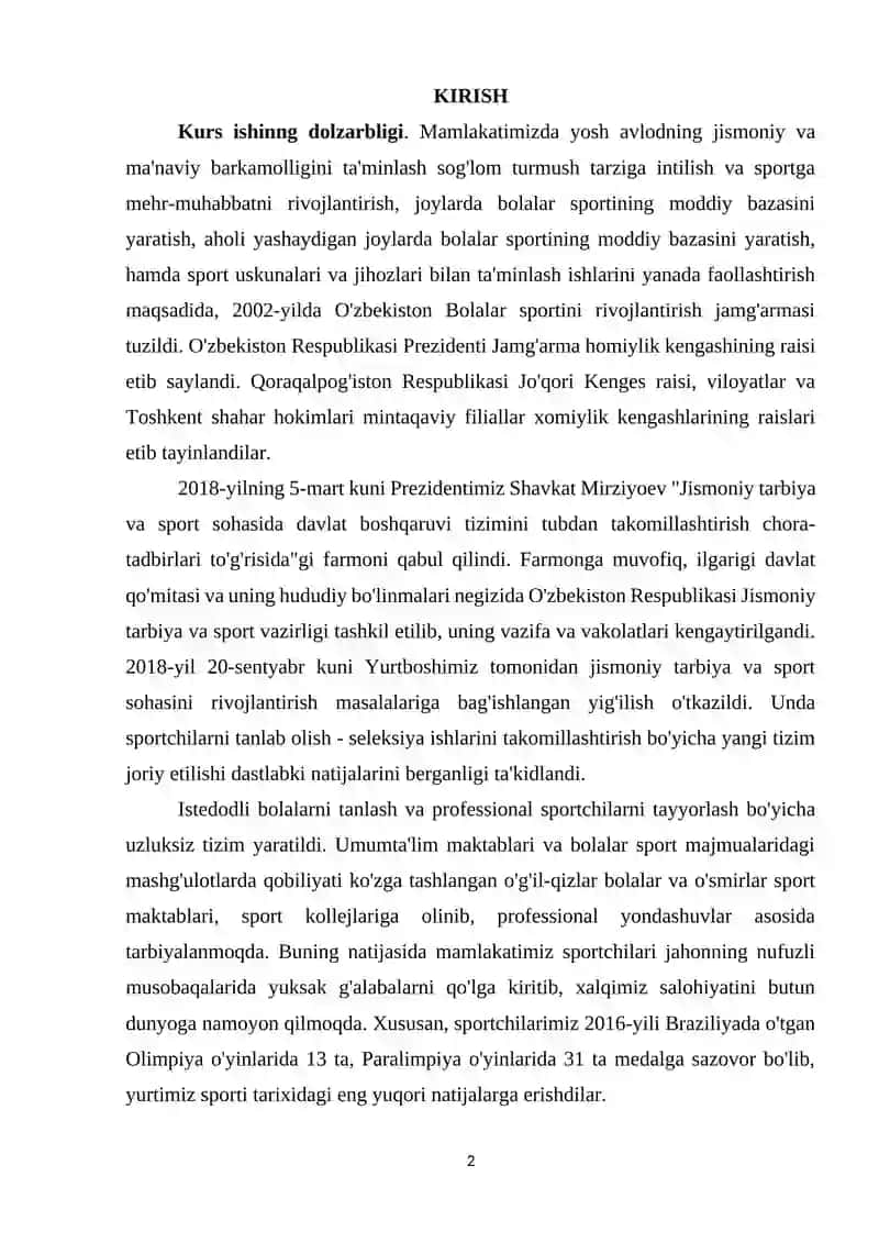 O'ZBEKISTON RESPUBLIKASI MILLIY OLIMPIYA QO'MITASINING TASHKIL TOPISHI MUNTARIJA 2