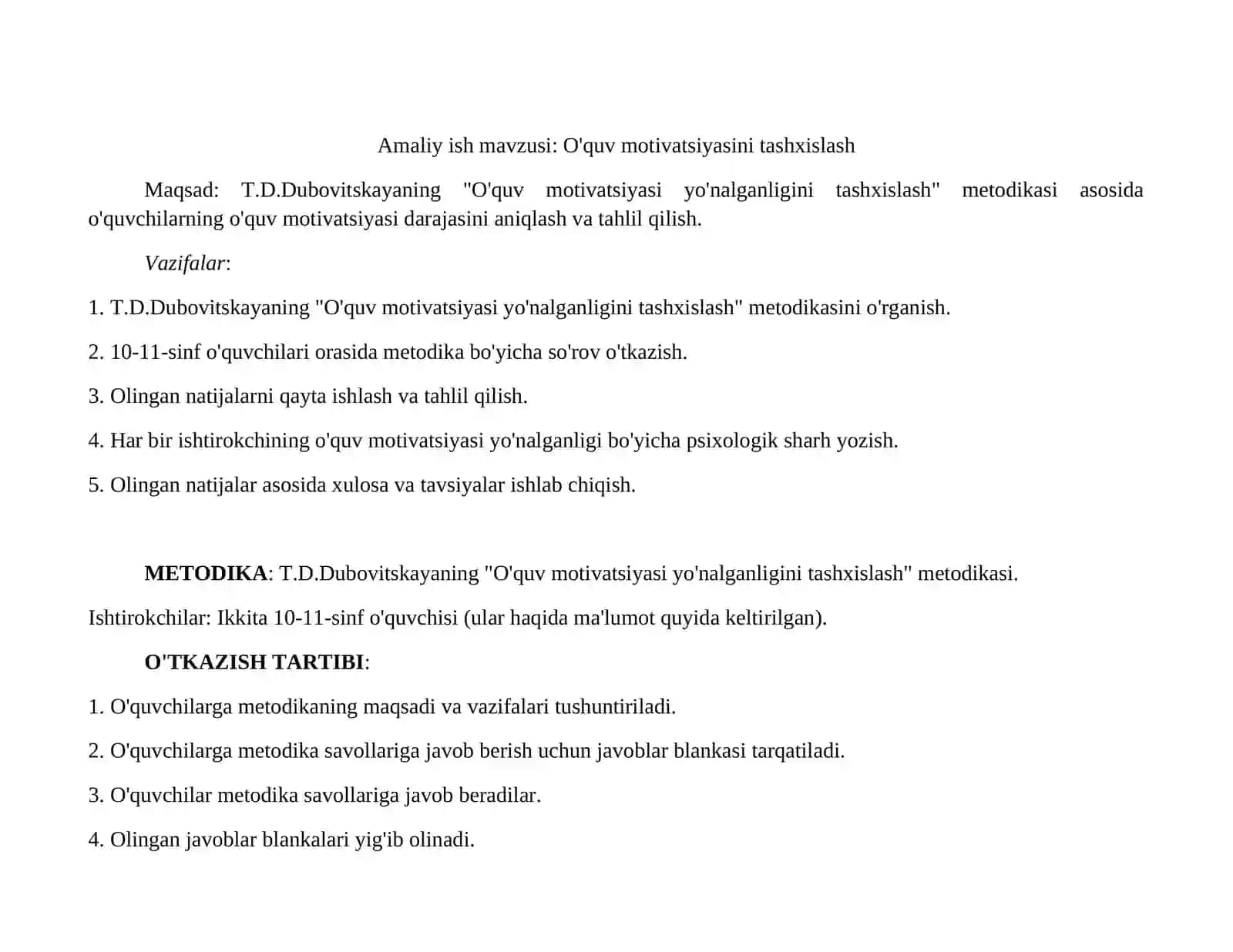 AMALIY ISH: O'quv motivatsiyasini tashxislash 2