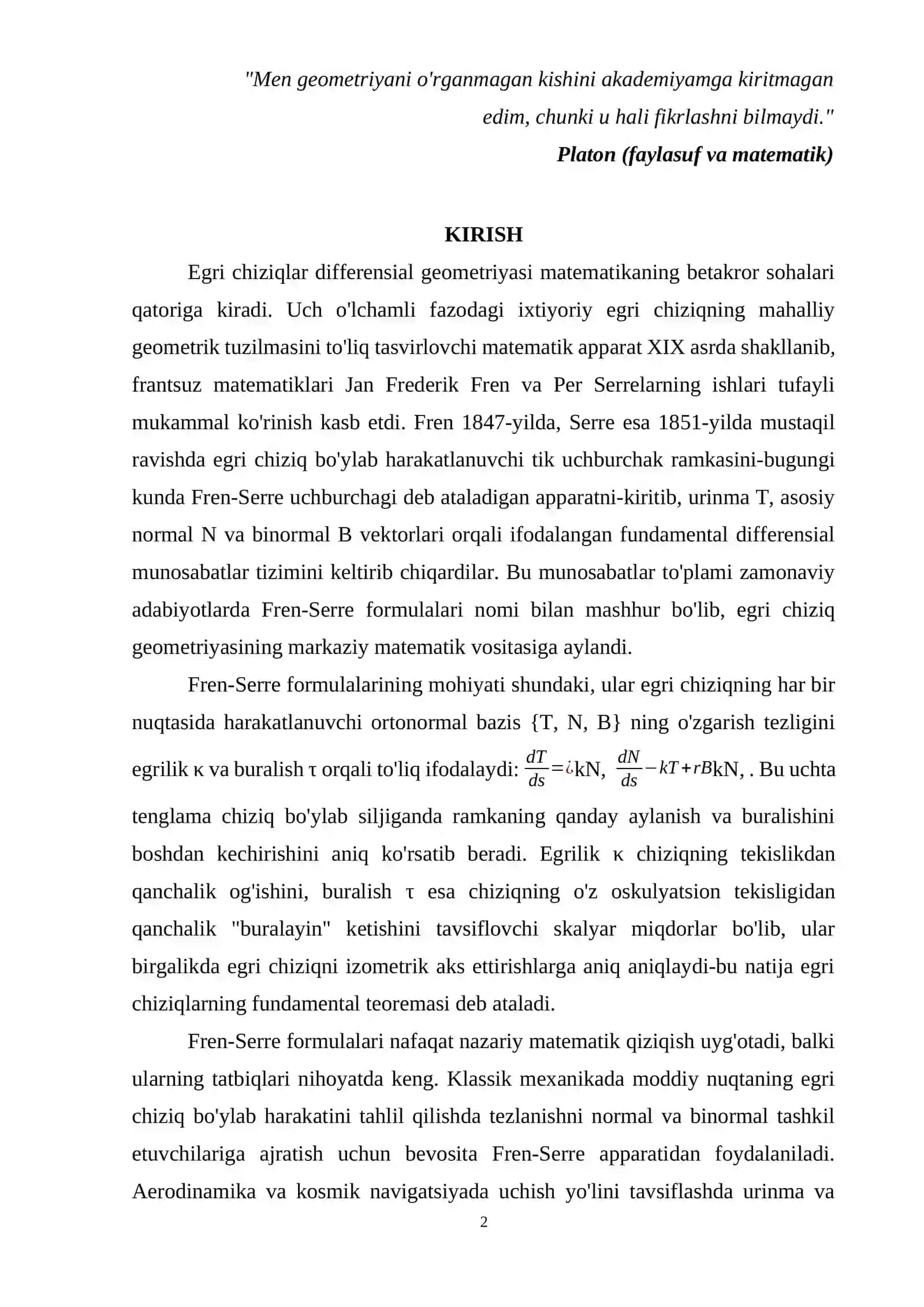 Frent-Serret formulalari va ularning qoʻllanilishi 2