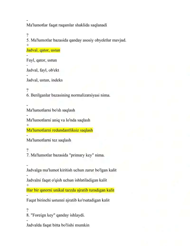 Ma'lumotlar bazasi fanidan yakuniy savolari va javoblari 2