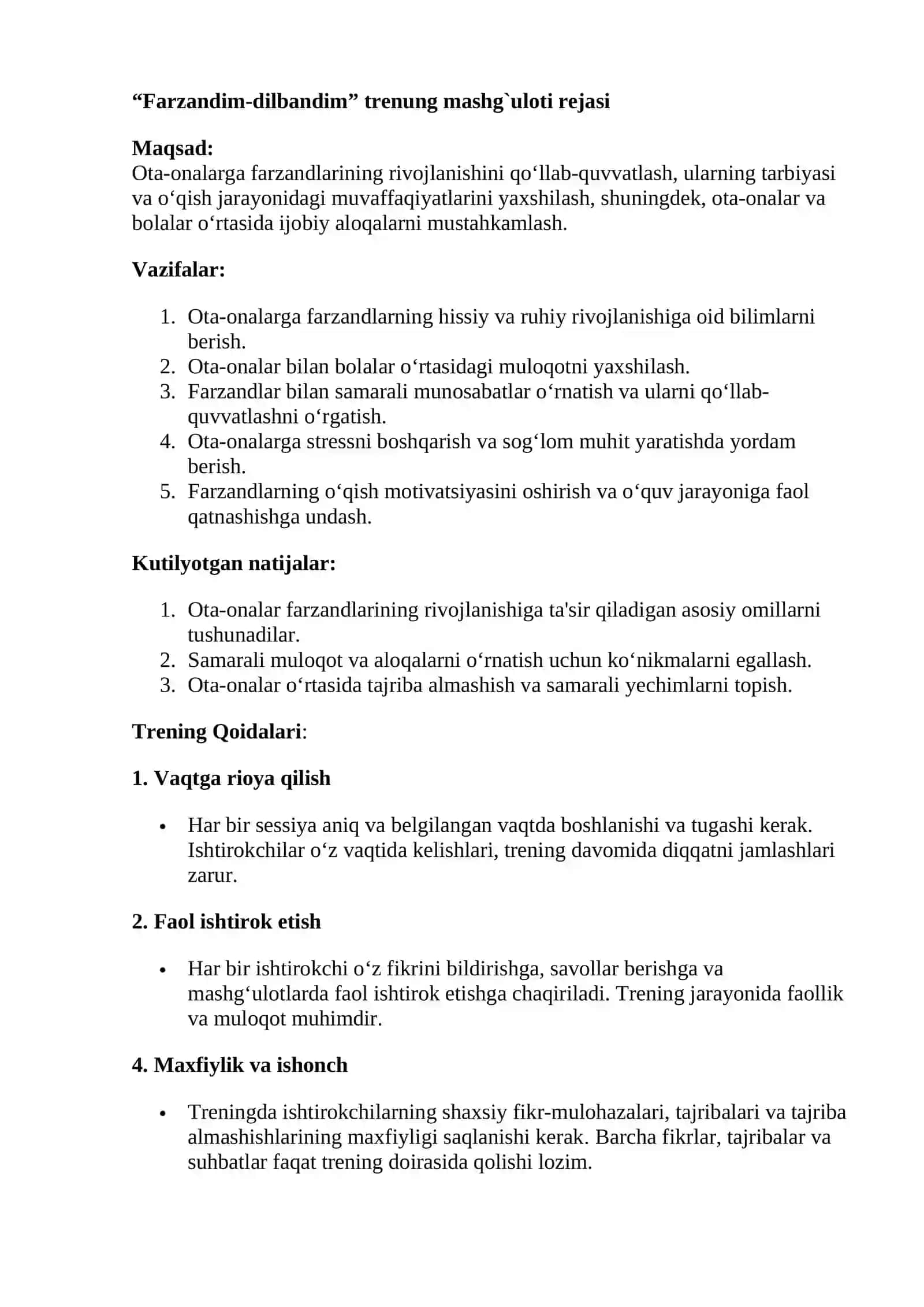 “Farzandim-dilbandim” trening mashg`uloti ishlanmasi 2