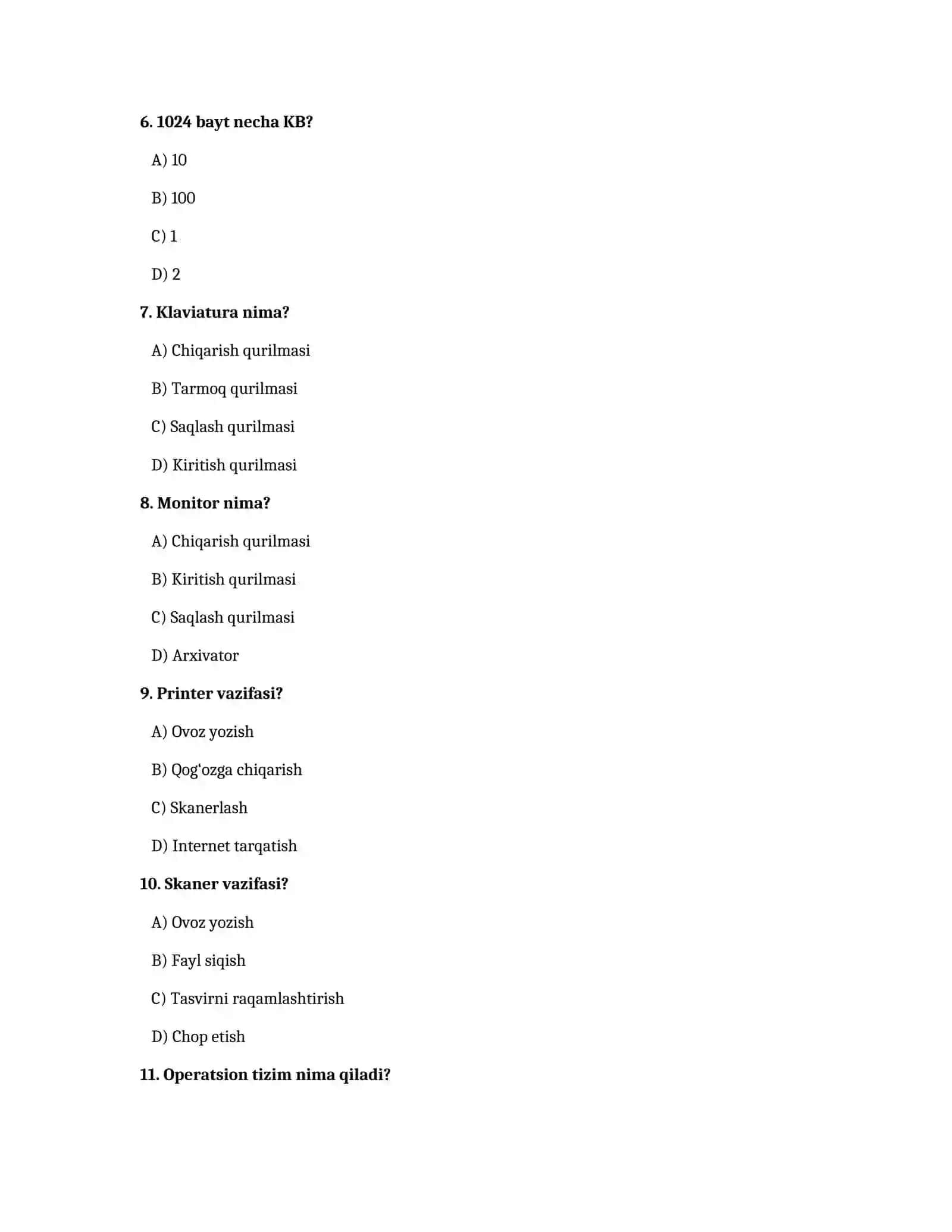 Informatika fanidan 200 ta test — javoblari bilan 2