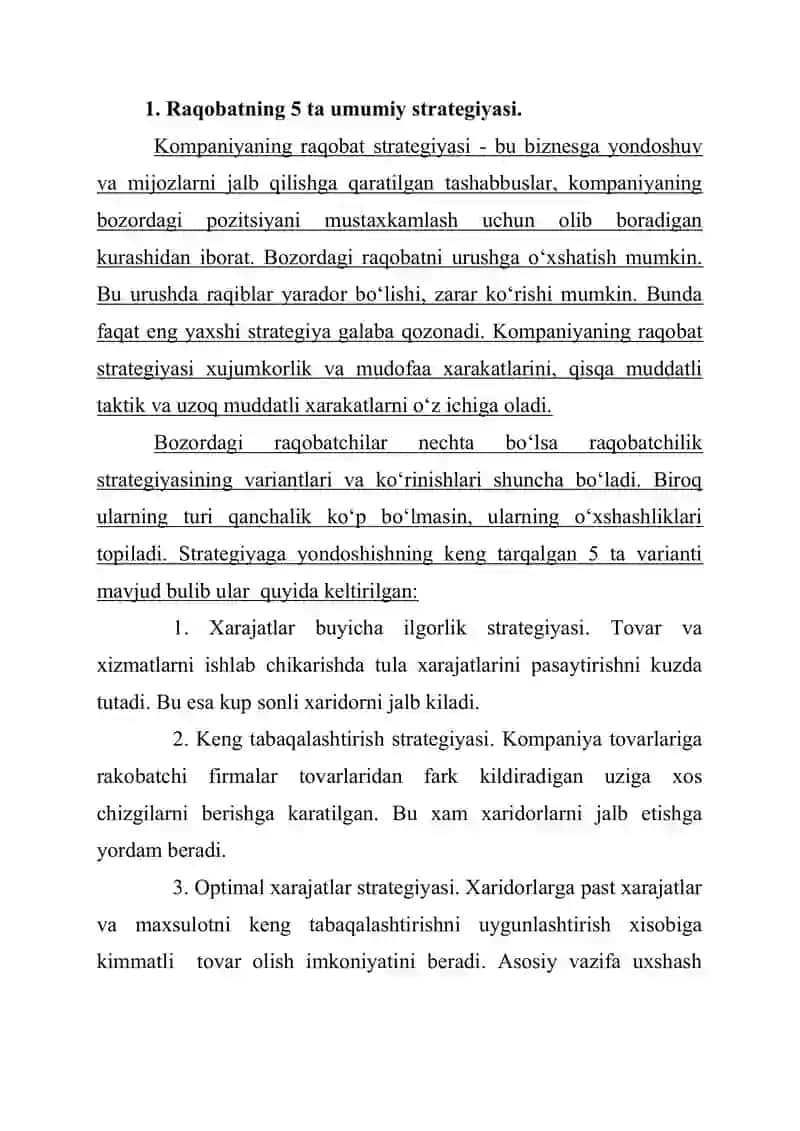 Raqobatchilikning umumiy strategiyalari 2