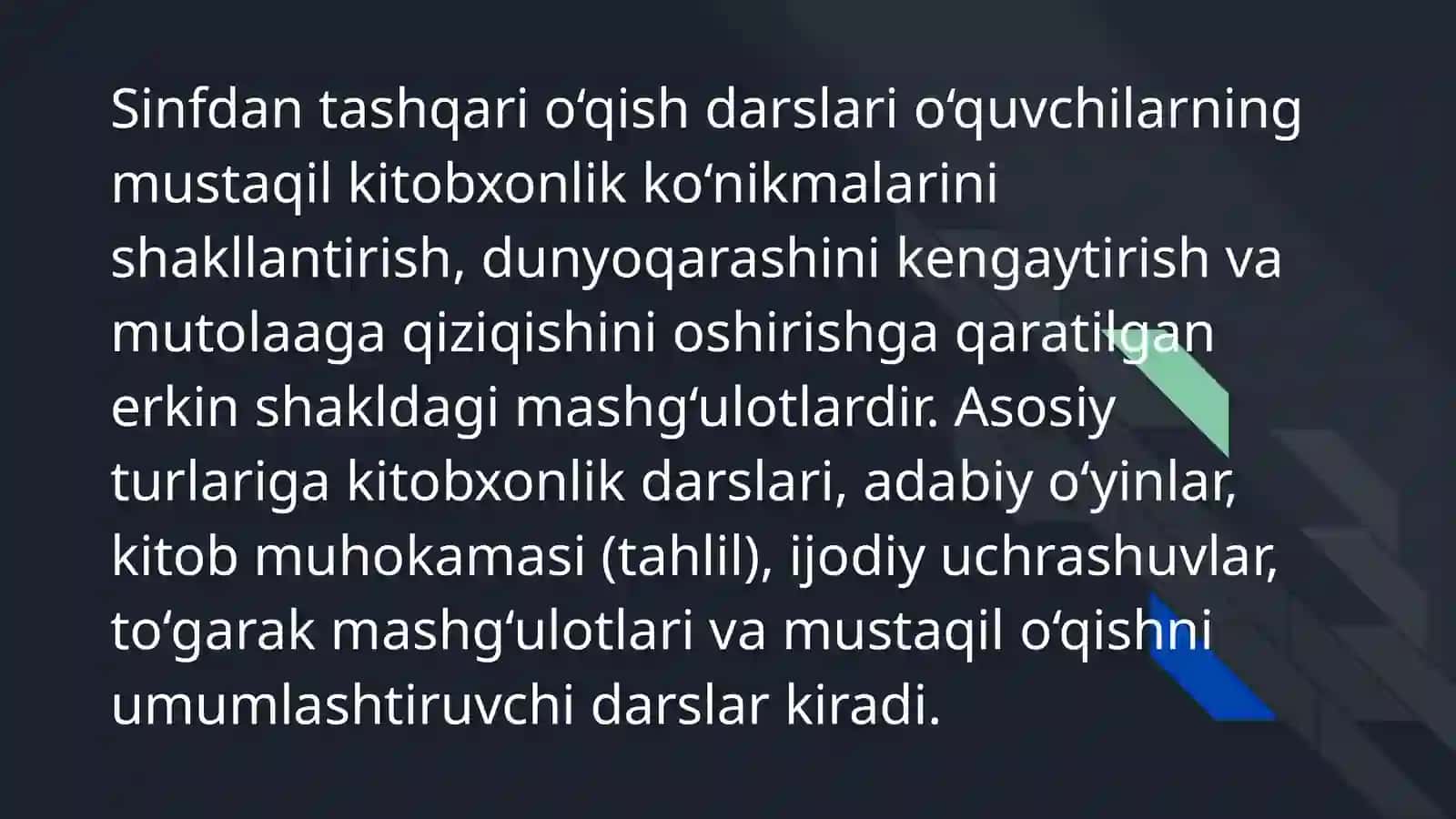 Sinfdan tashqari o qish uchun darslarning turlari 2