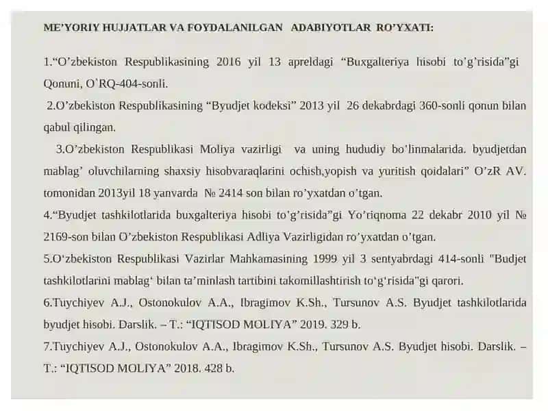 BYUDJET HISOBINING STANDARTLARI VA ULARNING MAZMUNI 2