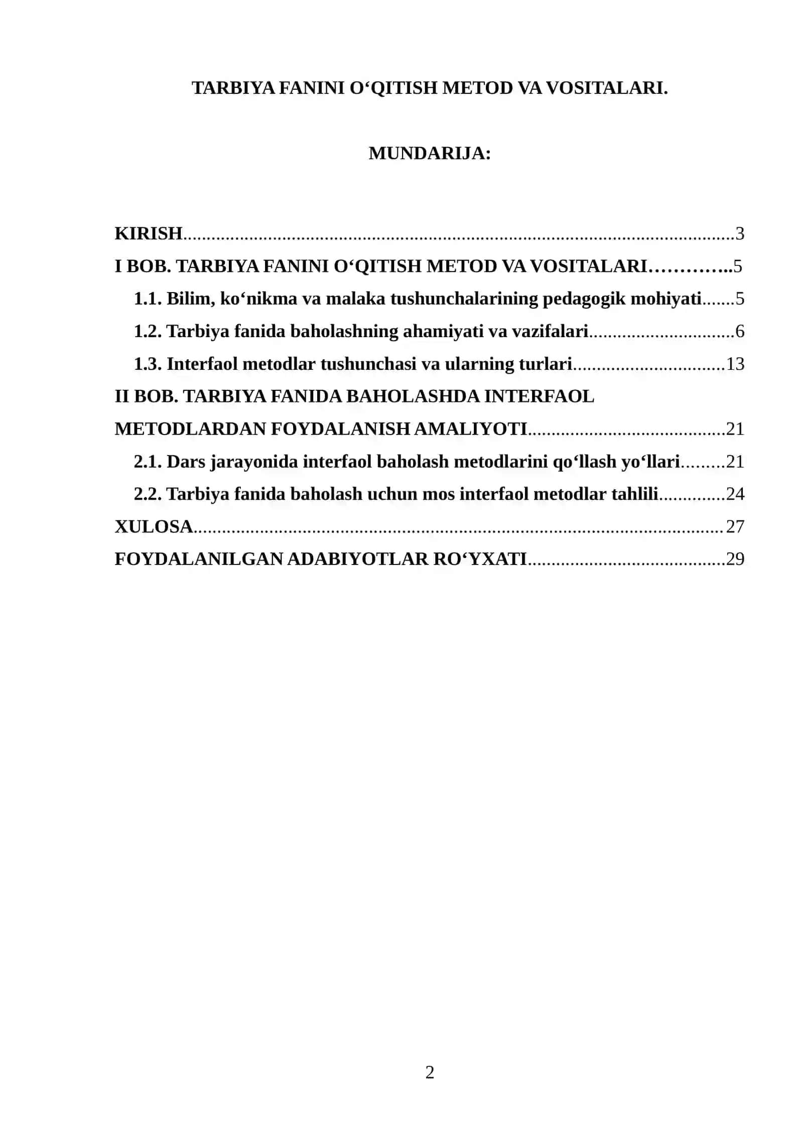 TARBIYA FANINI OʻQITISH METOD VA VOSITALARI 2