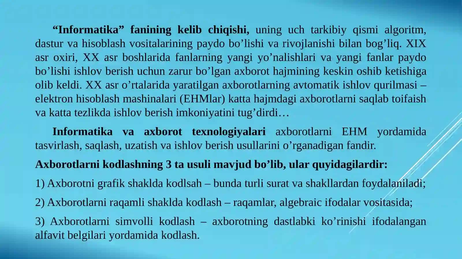 Axborot haqida tushuncha. Axborot turlari. Shaxsiy kompyuterlarining apparat ta'minoti. Kompyuterning asosiy va qo'shimcha qurilmalari 2