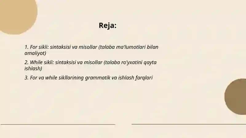 Sikllar (Loops): for va while sikllarining farqi, break, continue va else bloklaridan foydalanish 2
