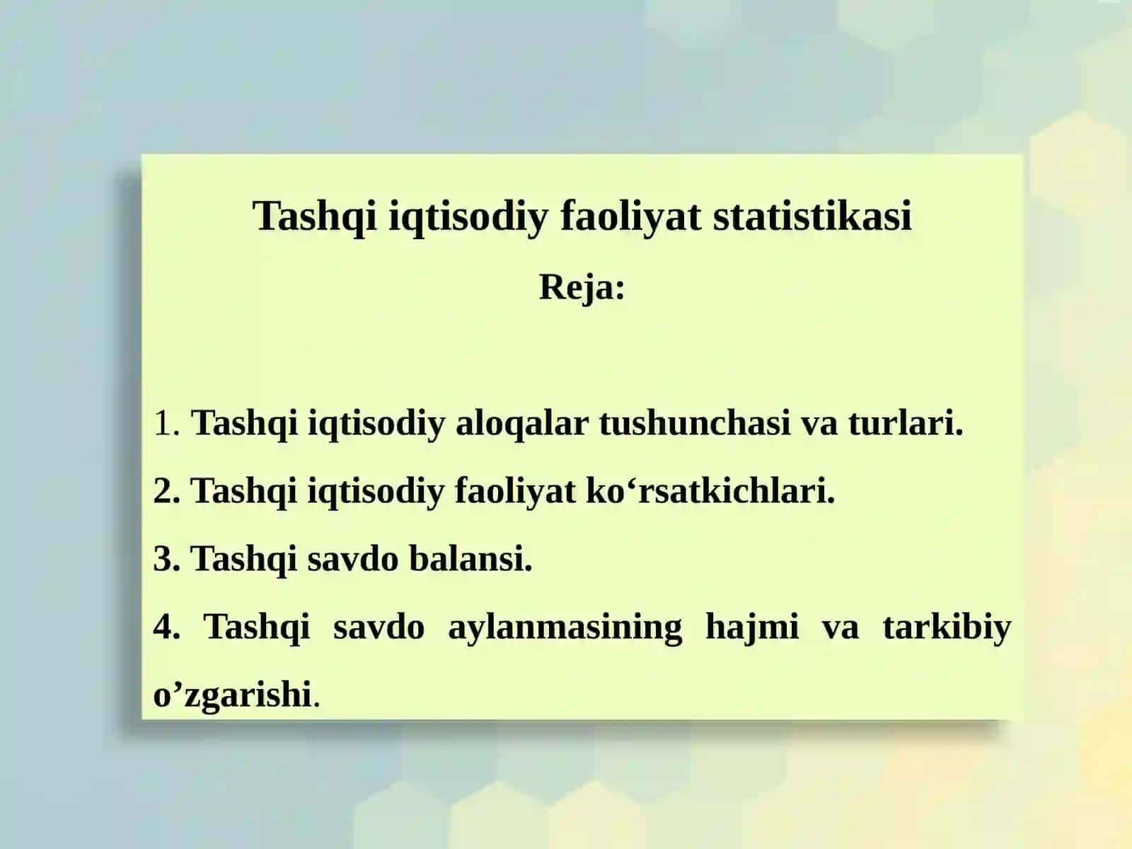 Tashqi iqtisodiy faoliyat statistikasi 2