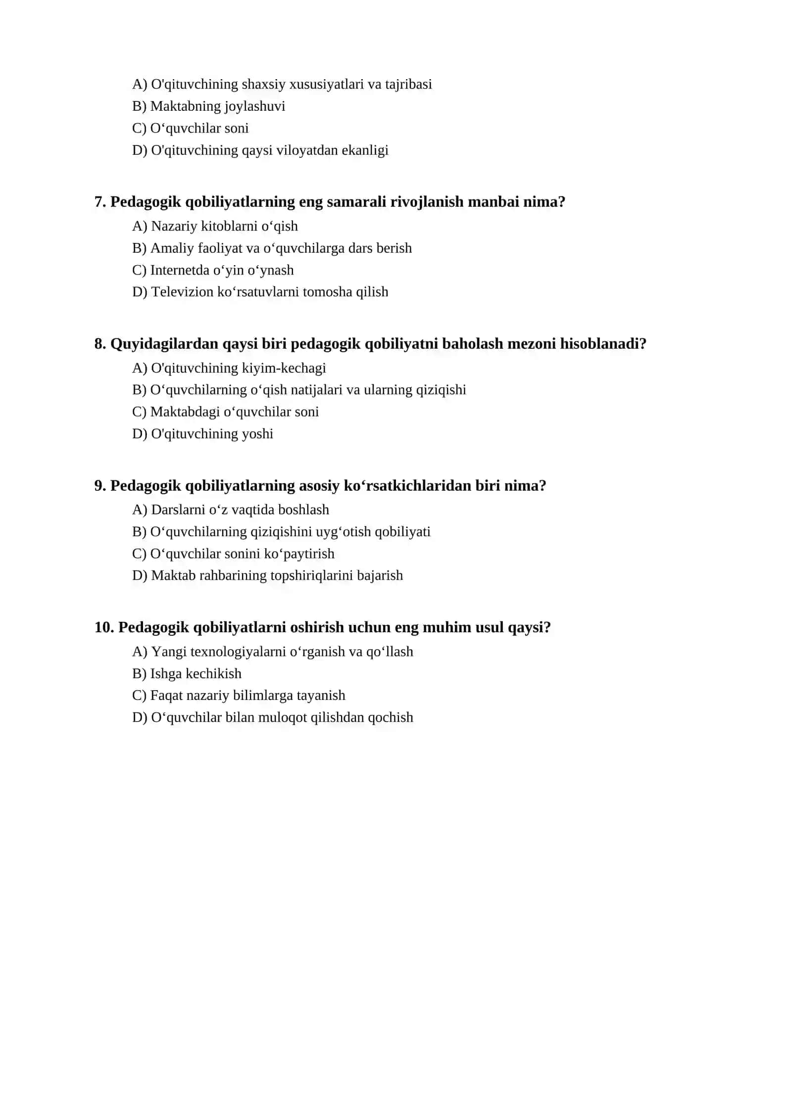 Pedagogik qobiliyatlar bo'yicha test 2