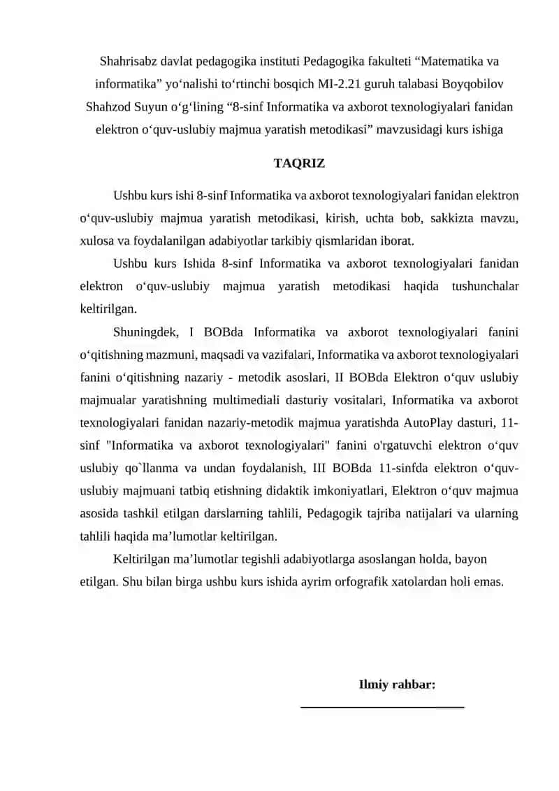 8-sinf Informatika va axborot texnologiyalari fanidan elektron o‘quv-uslubiy majmua yaratish metodikasi 2
