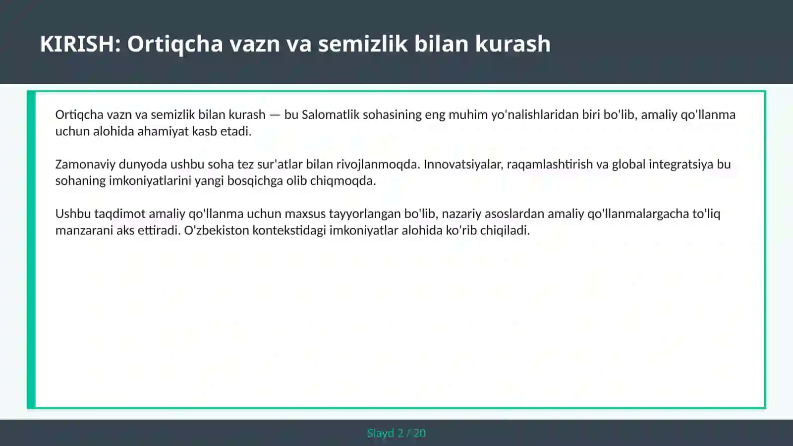 ORTIQCHA VAZN VA SEMIZLIK BILAN KURASH 2