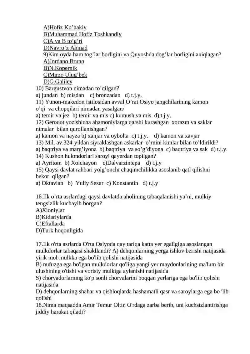 8-sinf Tarix I chorak yakuni bo’yicha test( I variant) 2