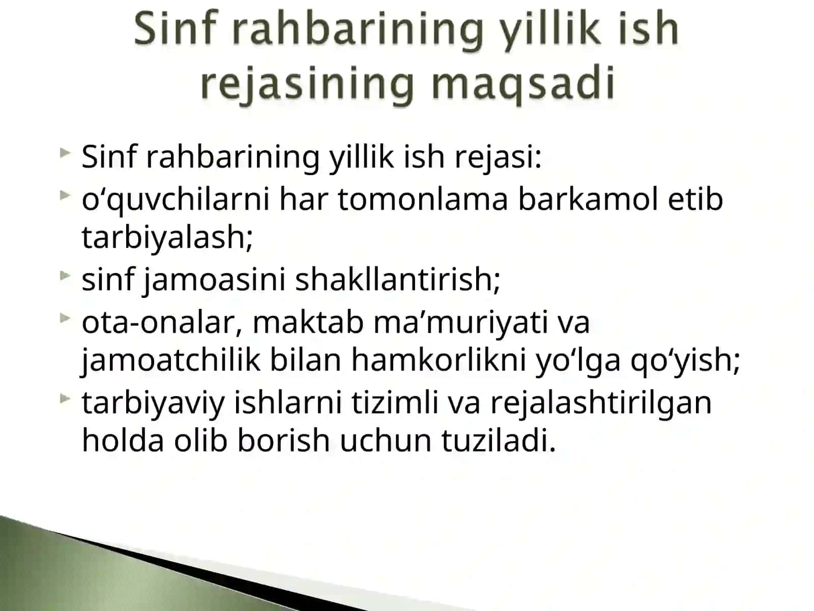 Sinf rahbarining namunaviy yillik ish rejasini aniqlash metodikasi. 2