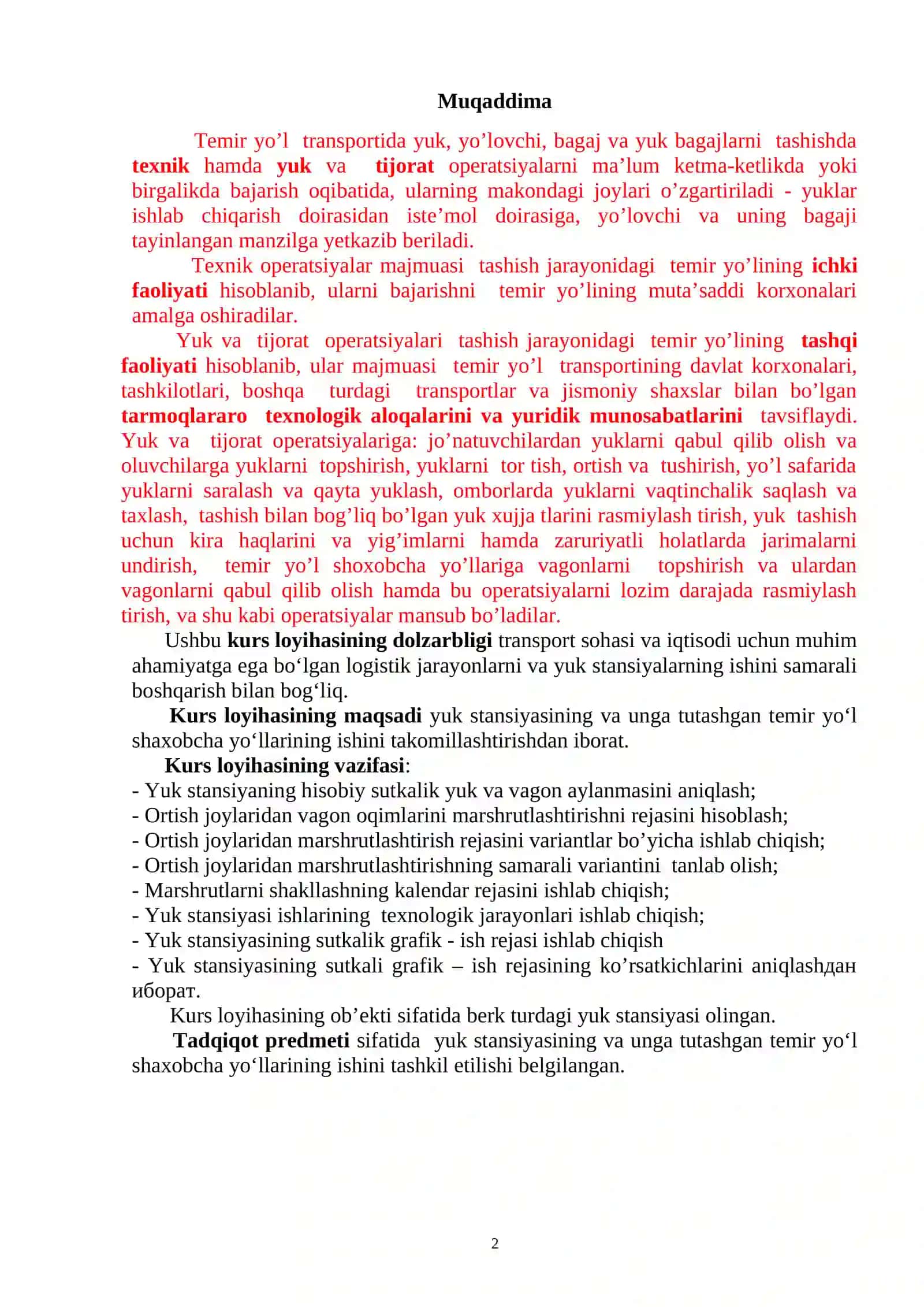“YUK STANSIYASI VA UNGA TUTASHGAN TEMIR YO‘L SHOXOBCHA YO‘LLARINI ISHINI TASHKIL ETISH” KURS LOYIHASI 2