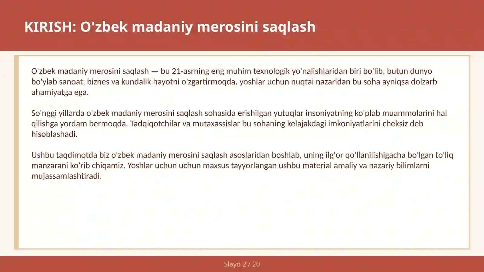 O'zbek Madaniy Merosini Saqlash 2
