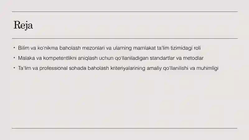 Bilim, ko‘nikma, malaka va kompetentlikni baholash mezonlari. 2