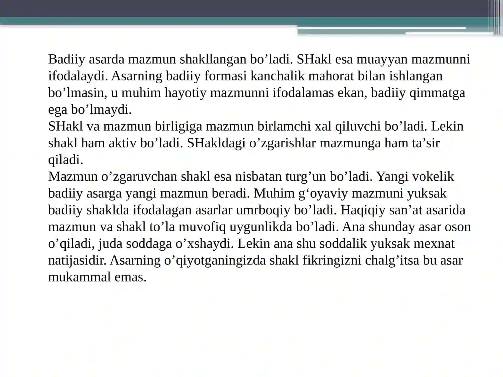 BADIIY ASARLARDA SHAKL VA MAZMUN BIRLIGI 2