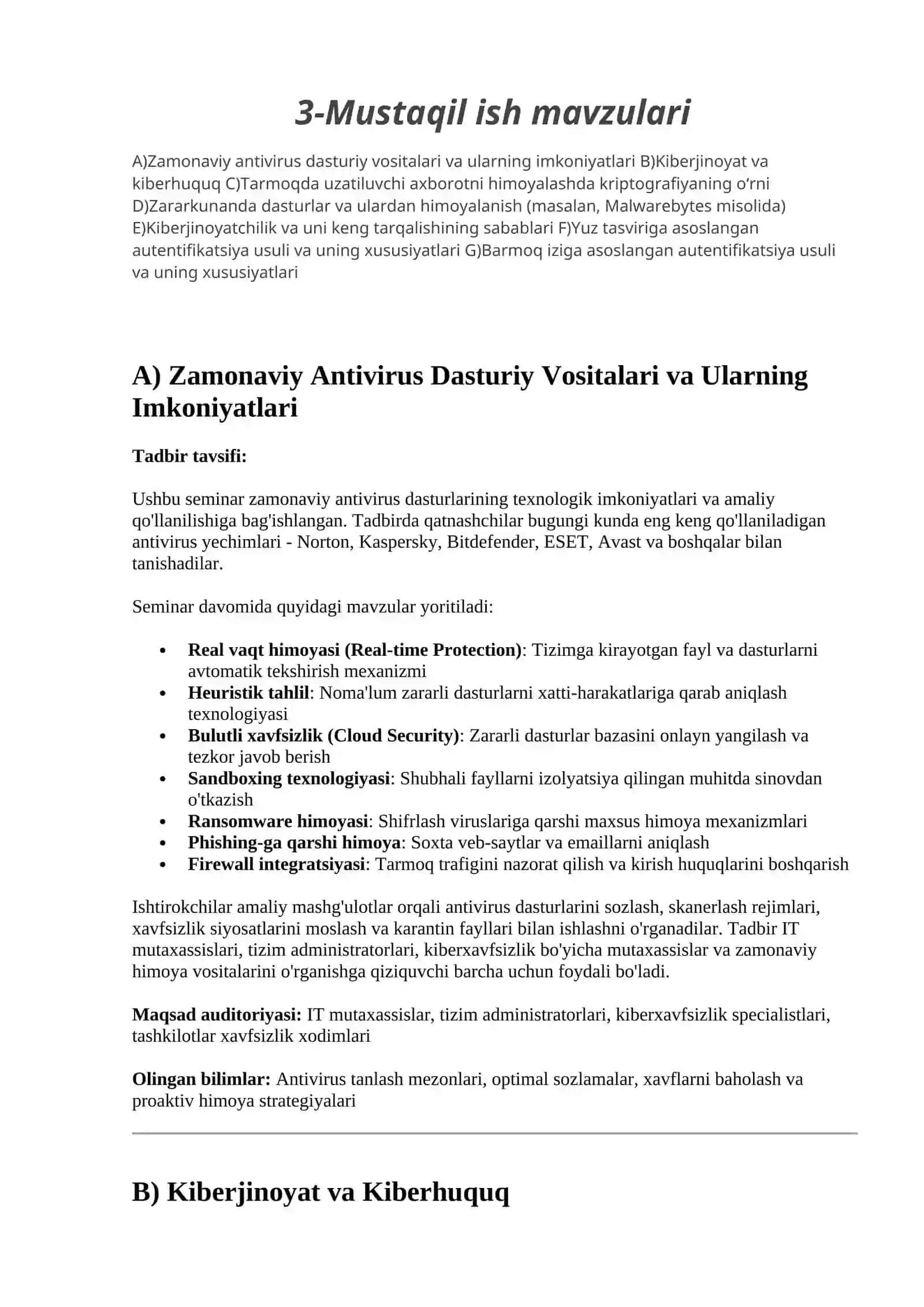Kiberxavfsizlik asosolari fanidan 3-Mustaqil ish 2