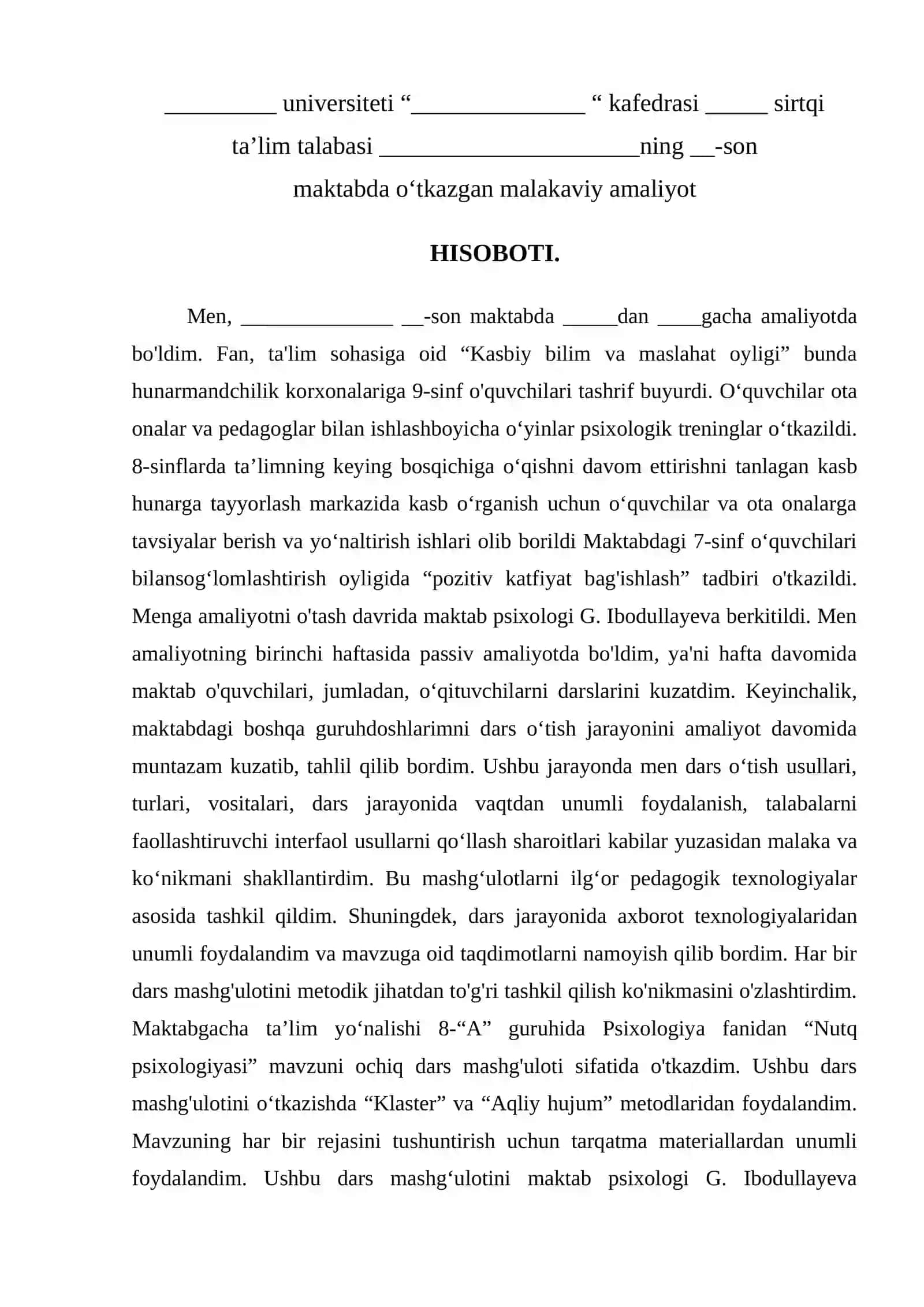 Malakaviy amaliyot hisoboti psixologiya yonalishi 2