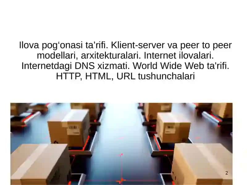 Ilova pog‘onasi ta’rifi. Klient-server va peer to peer modellari, arxitekturalari. Internet ilovalari. Internetdagi DNS xizmati. World Wide Web ta'rifi. HTTP, HTML, URL tushunchalari 2