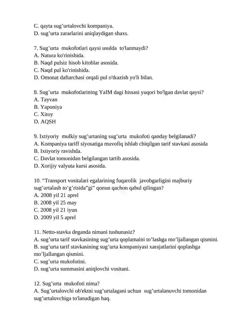 Sug’urta ishi fanidan yakuniy nazorat test savollari 2