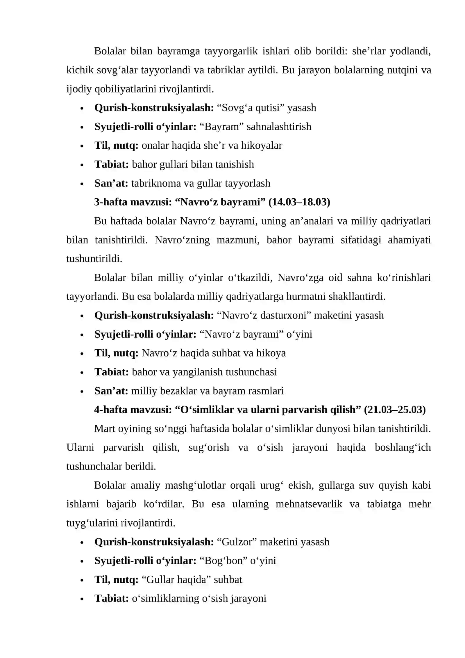 Maktabgacha ta'lim tarbiyachisi uchun Mart hisoboti 2