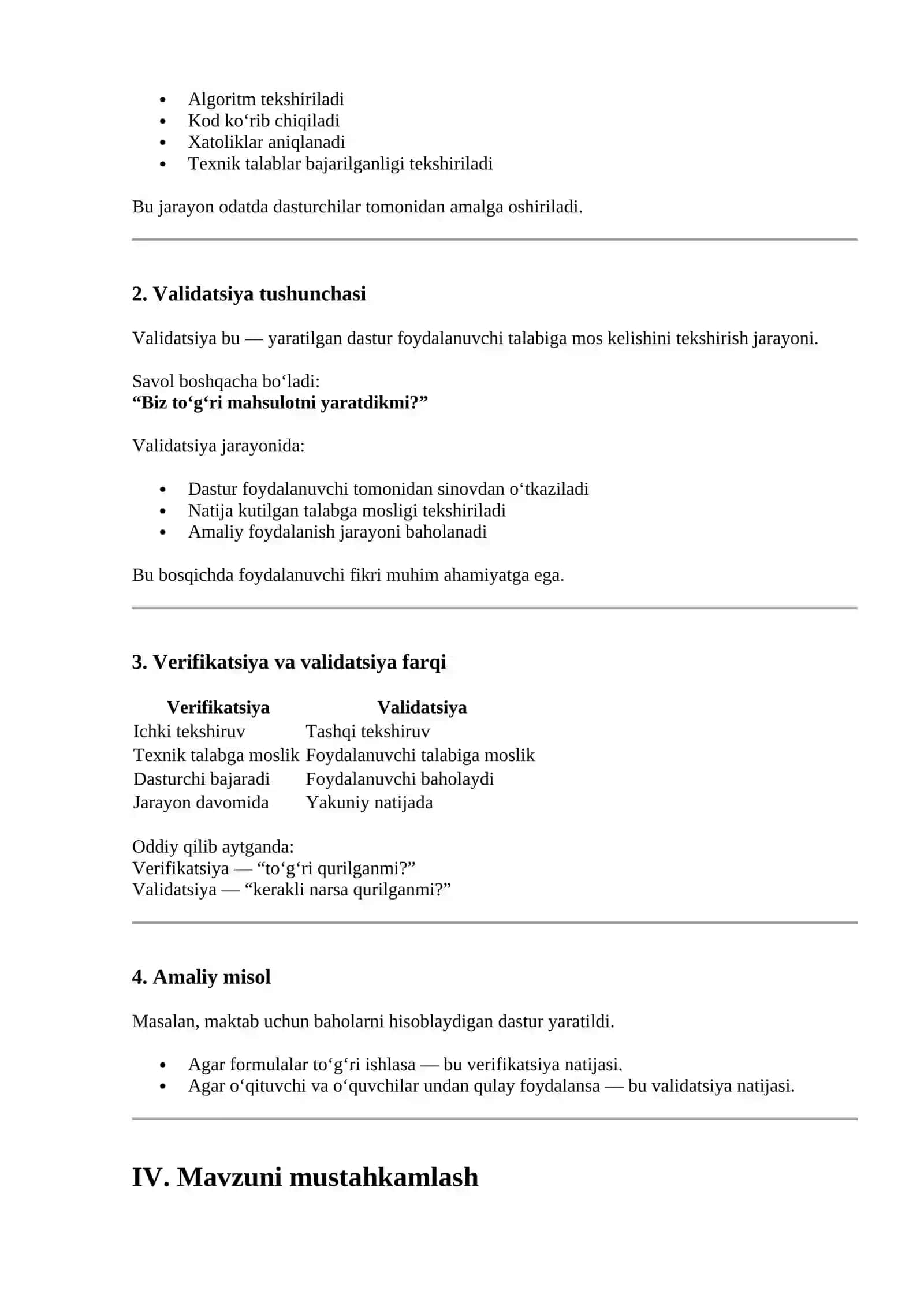 Verifikatsiya va validatsiya tushunchalari 2