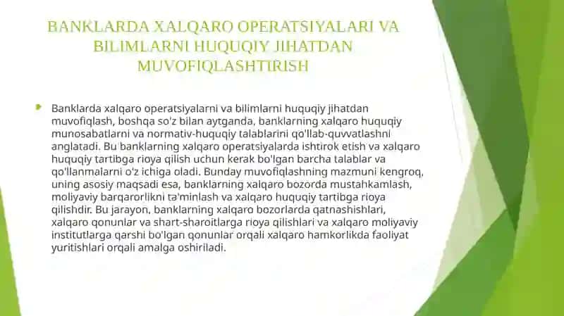 BANKLARDA XALQARO OPERATSIYALARI VA BILIMLARNI HUQUQIY JIHATDAN MUVOFIQLASHTIRISH 2
