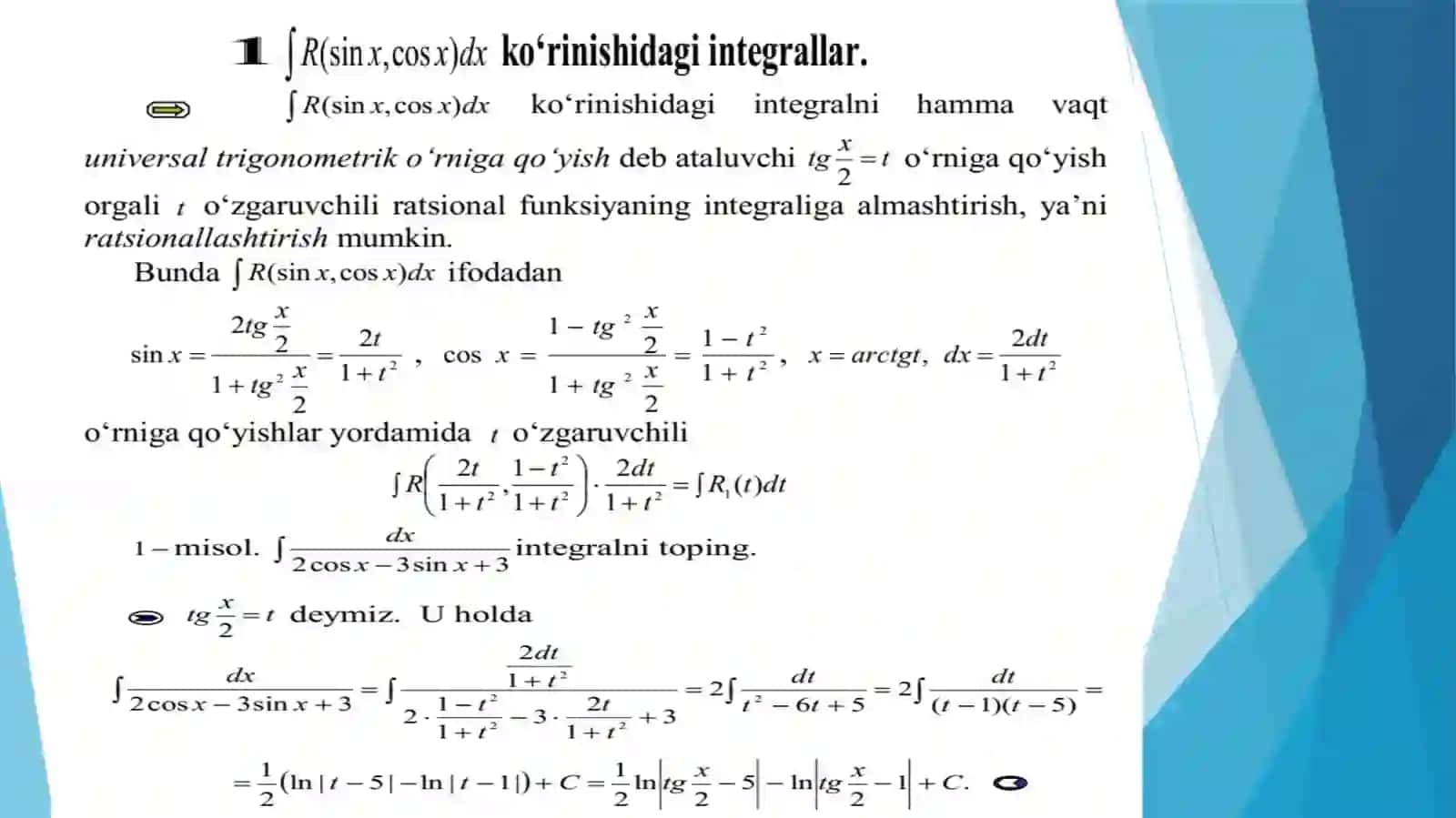 Trigonometrik funksiyalar qatnashgan ba’zi integrallarni integrallash 2