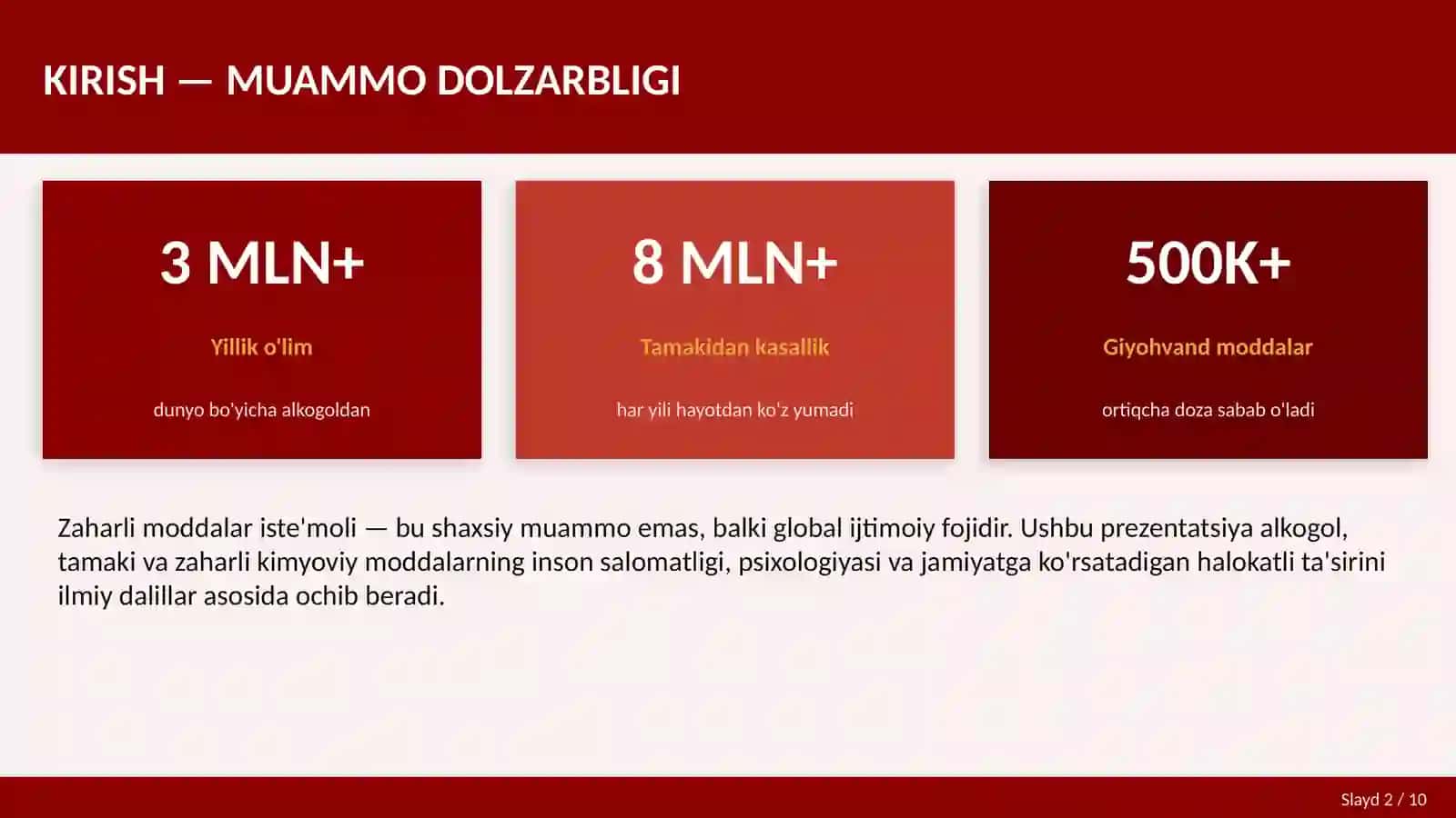 ALKOGOL, TAMAKI VA ZAHARLI MODDALAR 2