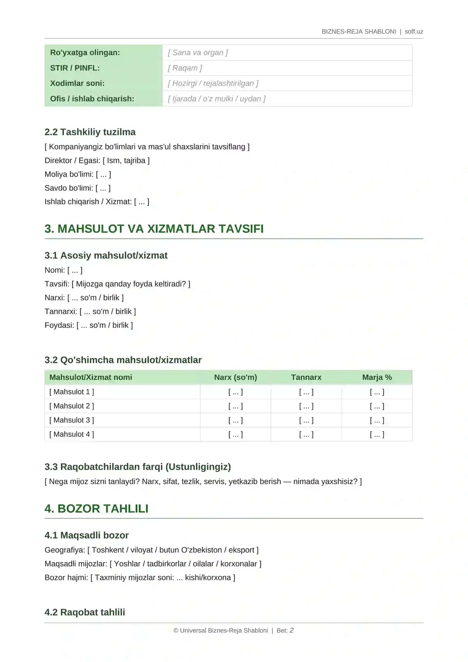 BIZNES-REJA SHABLONI 2
