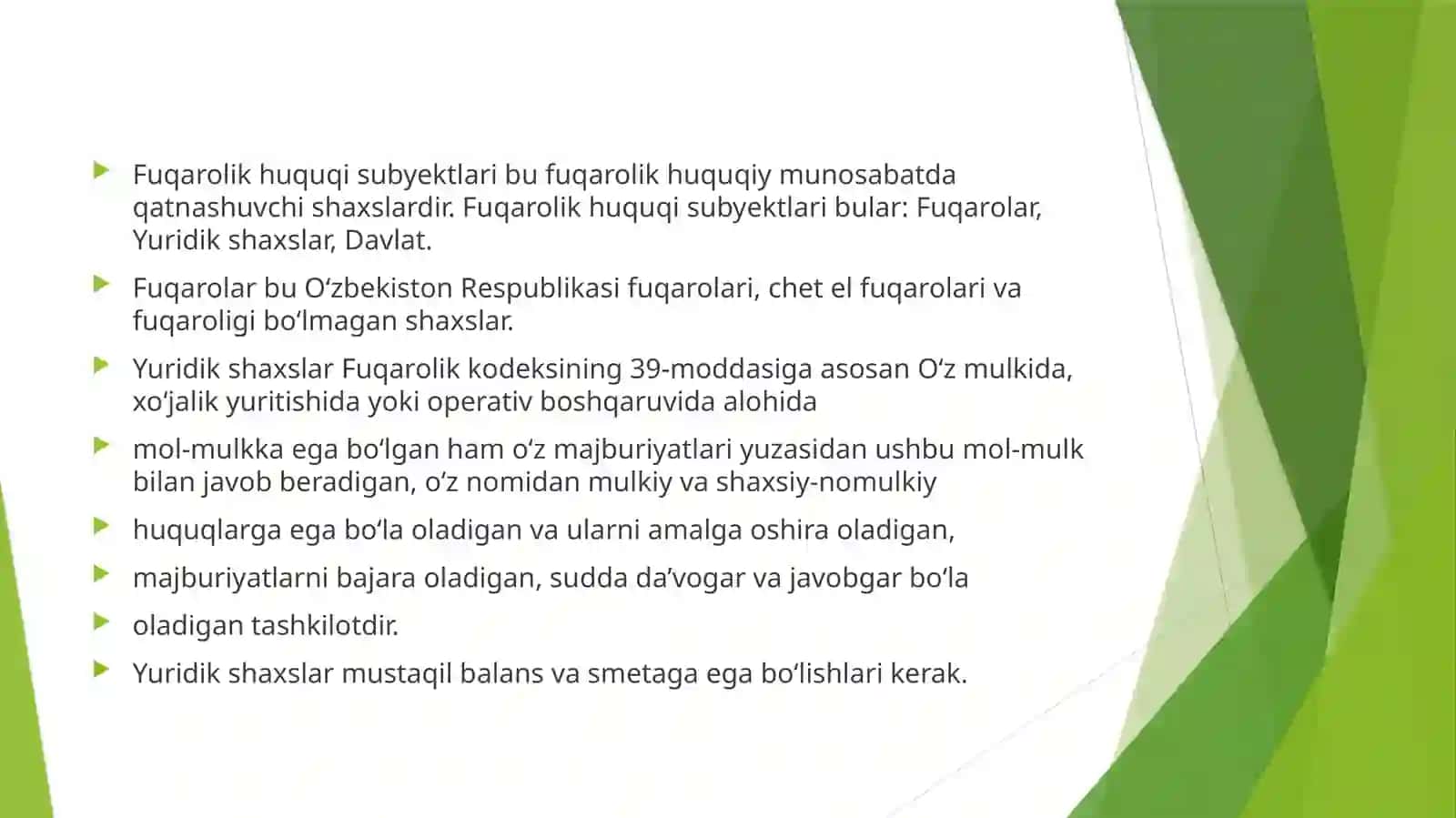 Fuqarolik huquqi sub'ektlari va ob'yektlari 2