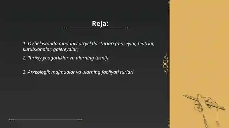 Oʻzbekistonda madaniy obʼyektlar va ularning faoliyati tasnifi 2
