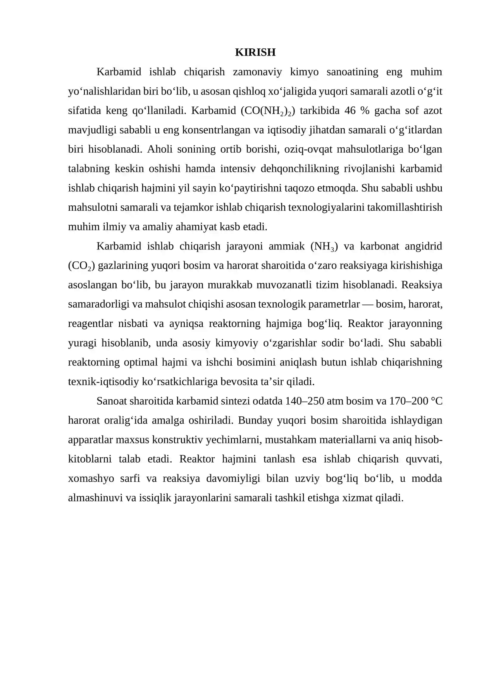 Karbamid ishlab chiqarishda reaktor bosim va hajmini aniqlash. V=12 m3 2