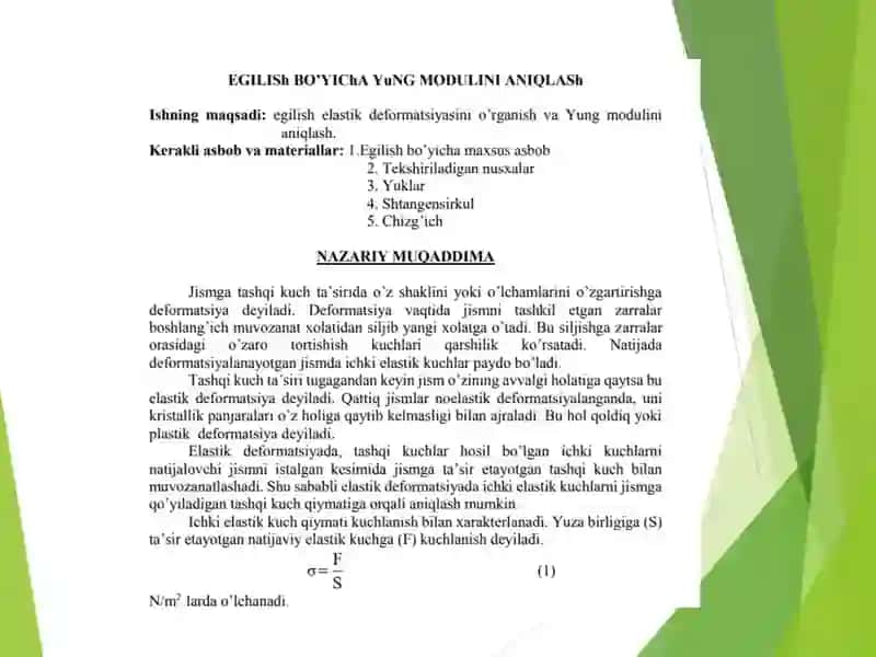 Egilish usuli orqali Yung modulini aniqlash 2