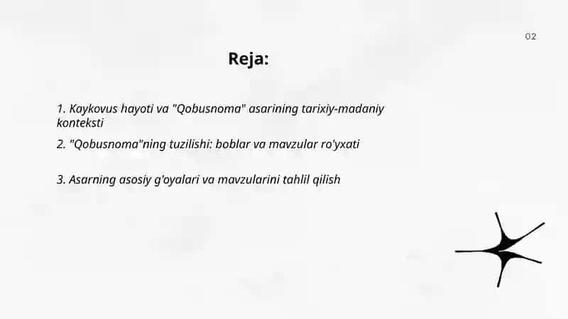 Kaykovus "Qobusnoma" asarini oʻqib,tahlil qilish. 2