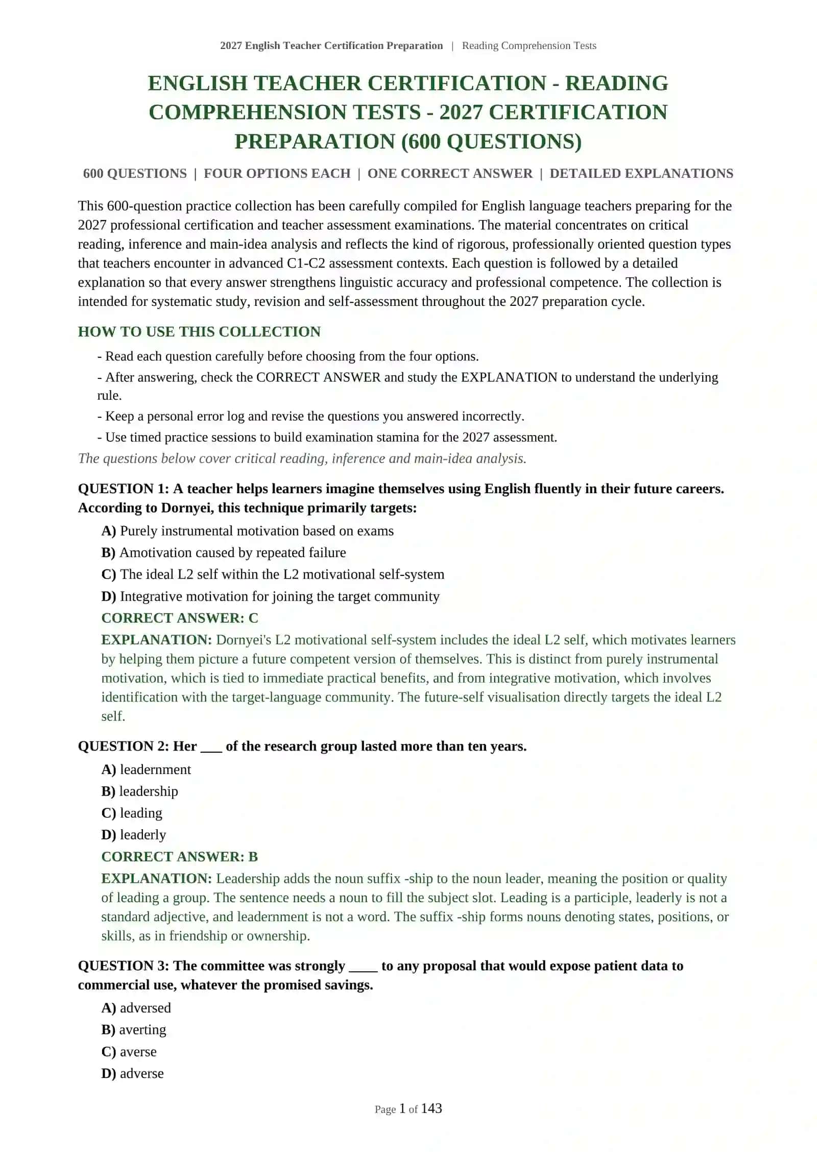 English Teacher Certification Preparation | Reading Comprehension Tests 2