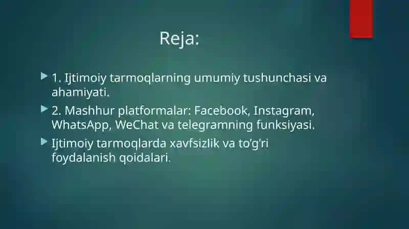 Ijtimoiy tarmoqlar (facebook, Instagram, WhatsApp, WeChat va telegram)da ishlash. 2