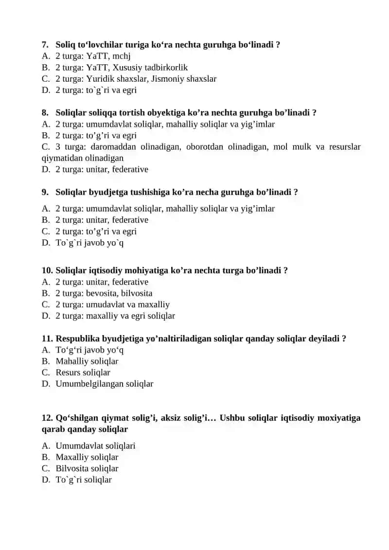 soliq kodeksi boʻyicha test 2