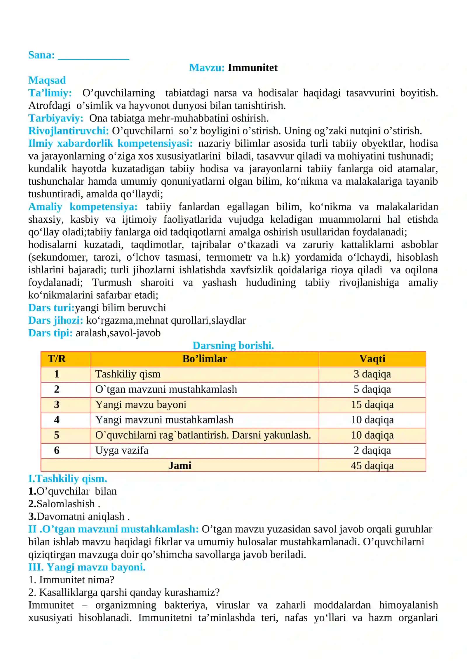 3-sinf Tabiiy fan (Science) Immunitet mavzusida dars ishlanma 2