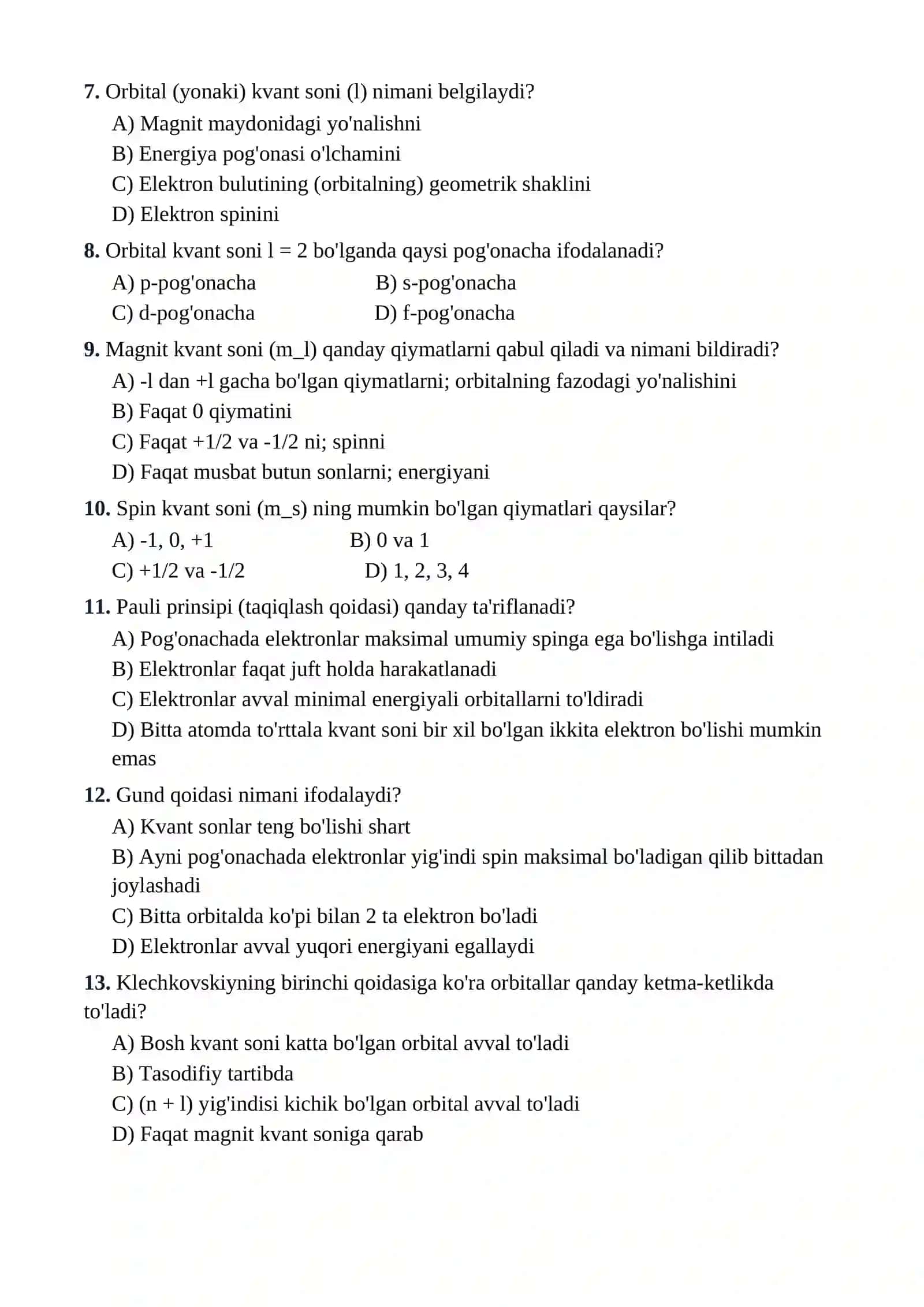 11-SINF KIMYO FANIDAN TESTLAR TO'PLAMI 2